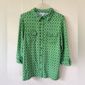 Charter Club Women’s Size 3x Green & White Button Down Roll Tab 3/4 Sleeve Top